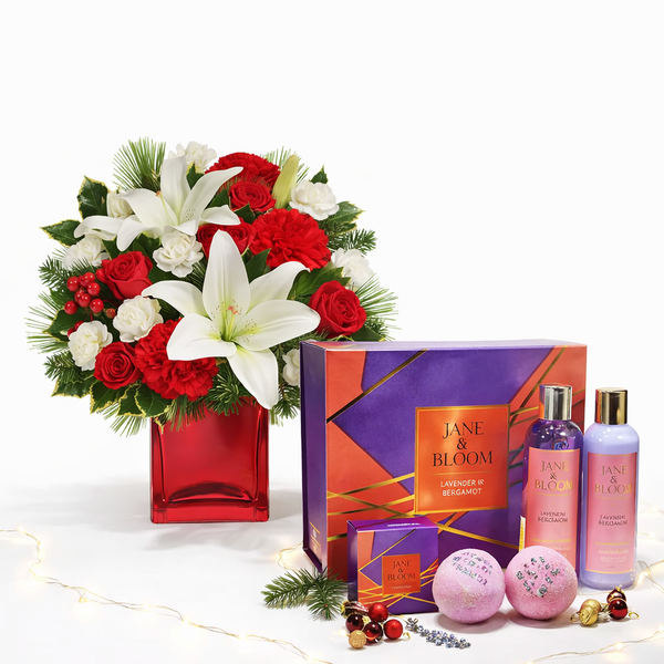 Festive Lily & Rose Bouquet & Lavender & Bergamot Spa Gift Set